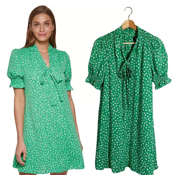 Dkny Dresses & Skirts - DKNY Puff Sleeve Front Print Tie Neck Mini Swing Dress Women's 6 Green Chiffon